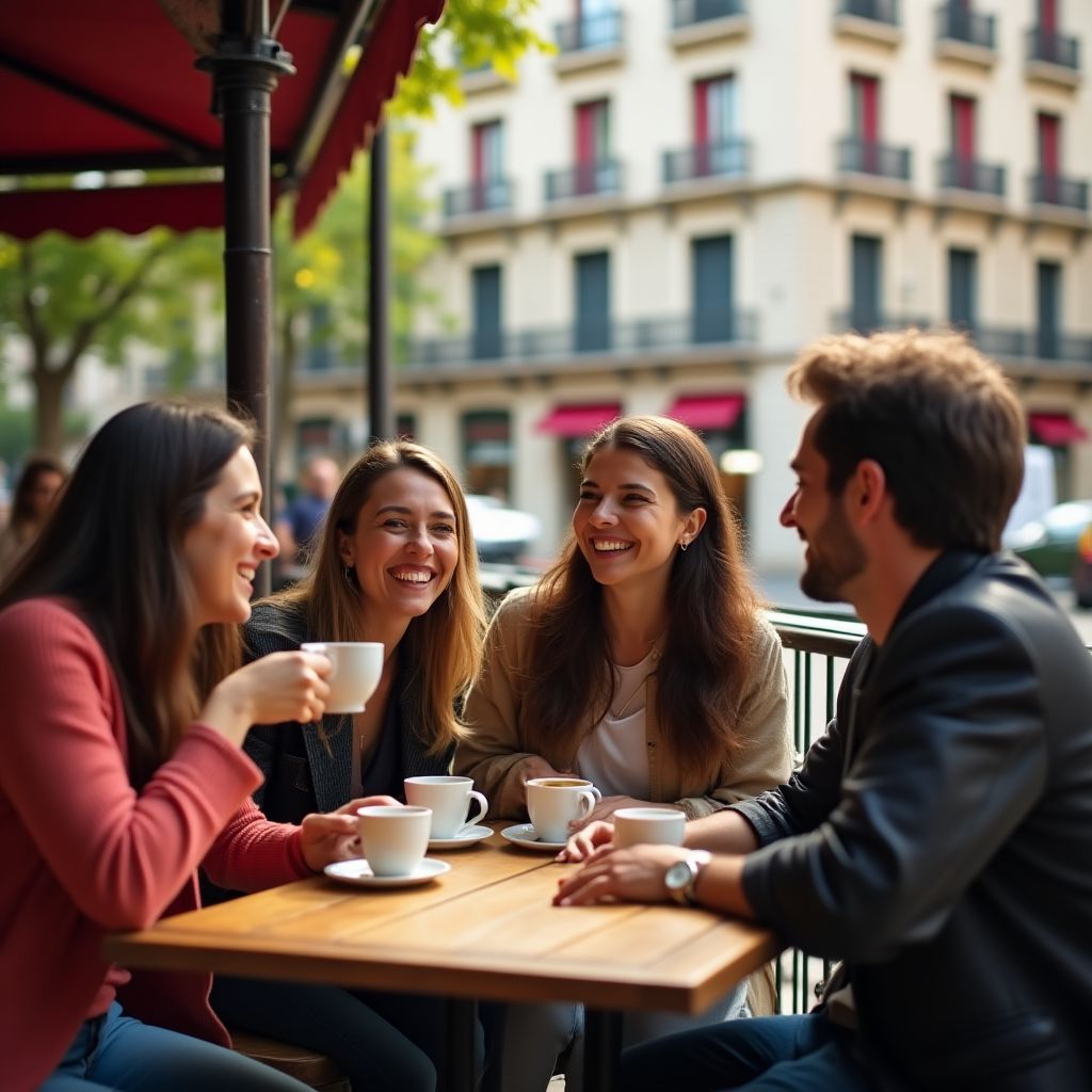 Amigos disfrutando de un café en una terraza en España.