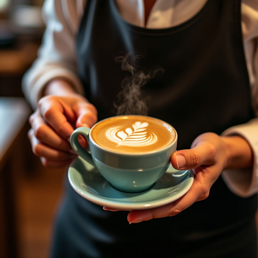 Barista experto preparando un café con arte latte.