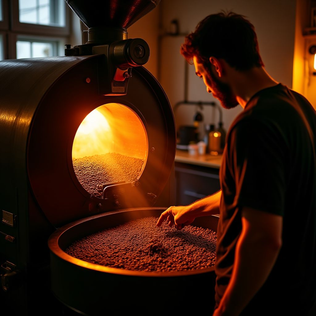 Tostador de café artesanal en funcionamiento.