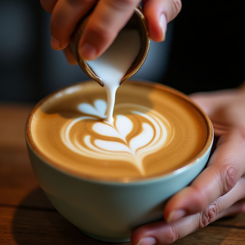 Persona creando una figura de arte latte en un café.